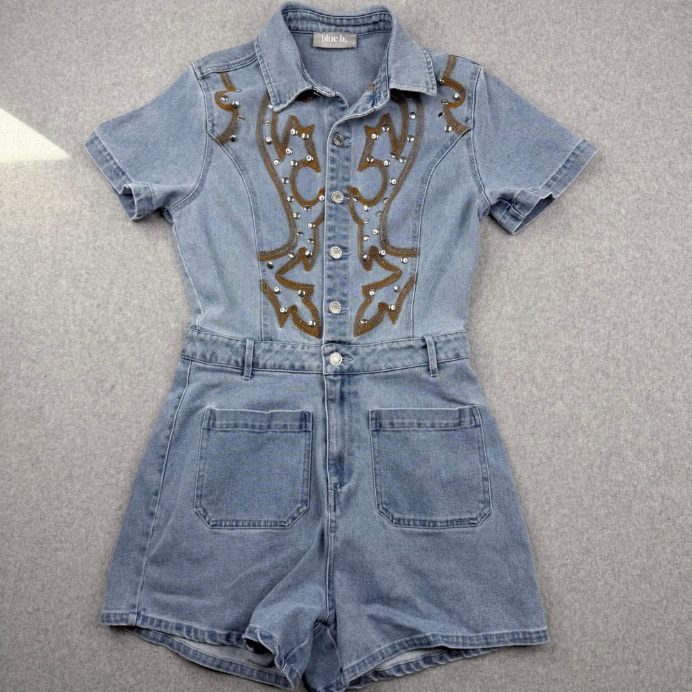 Blue B Collection Western Denim Romper Studded Embroidered Light Wash Small